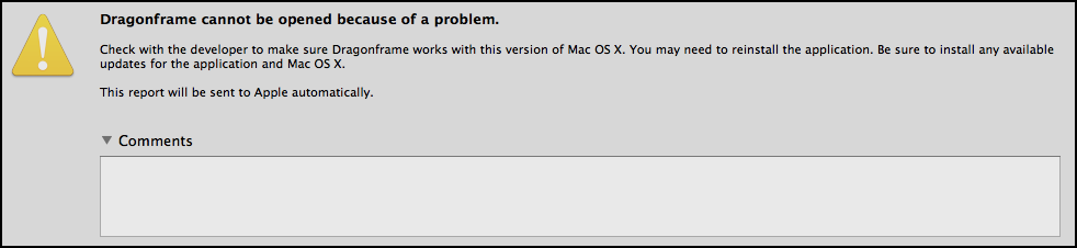 mac 警告: 問題が発生したため、Dragonframe を開けません